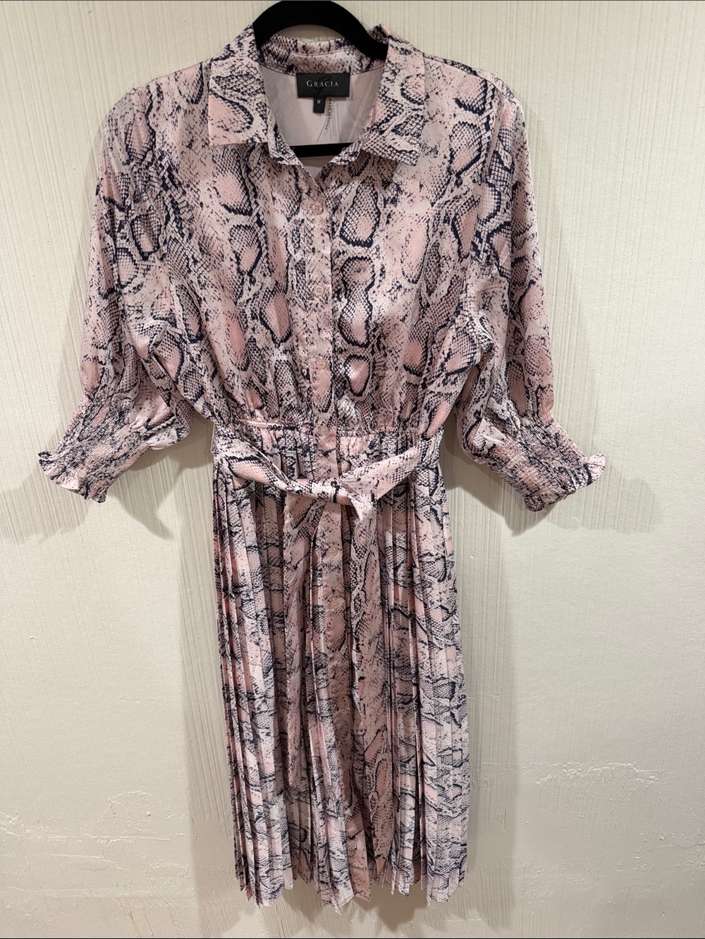 Gracia Pink & Navy Snake-Print Midi Shirt Dress